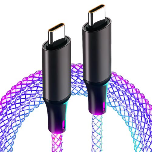 1M USB C to USB C Charger Cable, 60W 20V 6A Light up Fast Charger Led Glowing USB C Cable RGB Breathing Light Rainbow Colorful Light Cord for Galaxy S25 S24 A15 A25 A35 A55 Type C Device