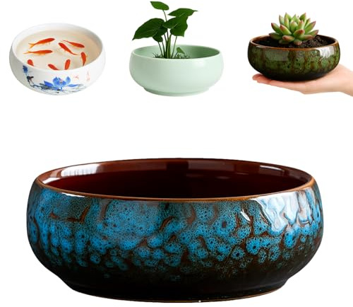 JWShang Lotus Bowl Planter for Planting in Water Indoors, Round Ceramic Lotus Flower Pot, Outdooor Garden Decorative Leak-Proof Bonsai Bowl for Lotus Seeds, Water Lily, Succulents (Dark Blue)