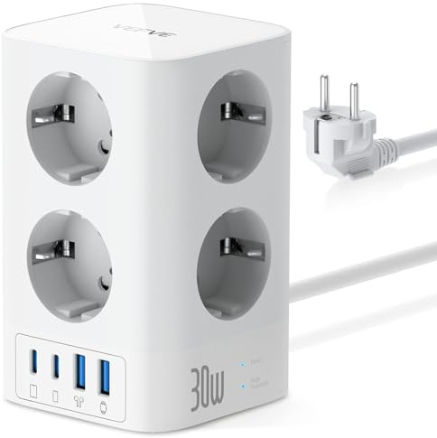 VEFVE Steckdosenturm Mehrfachsteckdose 30W USB C mit Schalter Weiß | 8 Steckdosen und 4 USB Ports. 30W Power Delivery. 5m Kabel, 4000W und Überspannungsschutz. Ideal für Büro oder Gaming