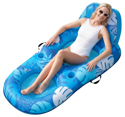 SLOOSH Aufblasbare Wasser-Lounge-Liege für Erwachsene, Blaue Blätter Tropisches Luftbett, 1 Stück Schwimmliege für Sommer, Strand, Poolparty, See, Urlaub