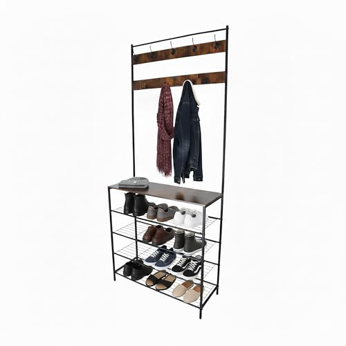 Relaxdays coat rack, 4 shoe shelves, 2 hook rails, hallway coat rack HxWxD 190 x 80 x 30 cm, iron, black/brown