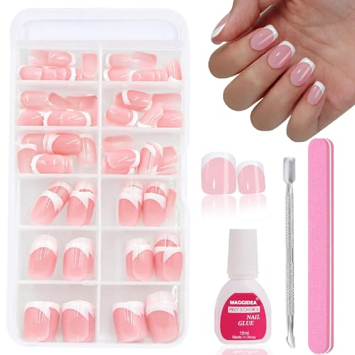 French Tip Press on Nails - 120Pcs Short Square Fake Nails Set - Nude French False Nails with Glue - Full Cover Acrylic Stick on Nails for Women - DIY Nail Extensions (120PCS - Pink Short)