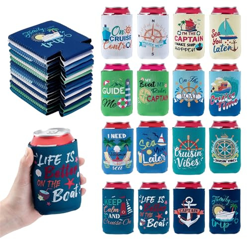 GLASSWINDS Cruise Beer Can Cooler 16 Pcs Neoprene Boating Gift Beer Sleeves for Can Sleeves for Men 12 oz Reusable Insulated Funny Drink Cans Cover for Nautical Themed Party Ship Beach Summer