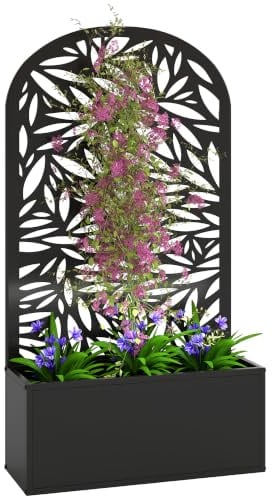 Outsunny Letto per Orto Rialzato da Esterno Motivi Foglie Traforata | Traliccio a Spalliera, Piante Rampicanti, Montaggio Parete o Autoportante, Metallo, Piante e Fiori, 61x23x113 cm, Nero