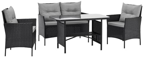 SVITA Dallas Gartensitzgruppe Polyrattan 4-teilig Outdoor Set mit 2 Sesseln 2er-Sofa & Esstisch Wetterfestes PE-Rattan Stahlrahmen & Sitzkissen Schwarz