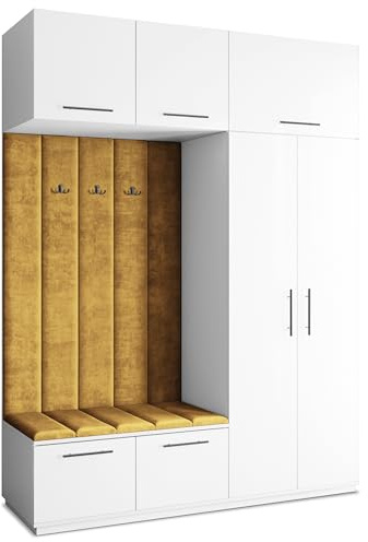 Masseno Flugarderoben Set Rema, Kleiderschrank-Set mit Sitzbank, Garderobenschrank Flur mit 5 Regalböden, Weiß