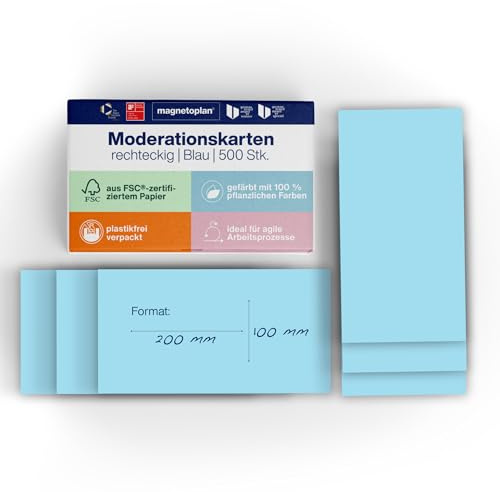 magnetoplan Moderationskarten, rechteckig | Blau | 500 Stk. | Kommunikationskarten | BxH 200x100 mm | Für Meetings und Präsentationen | FSC-zertifiziert