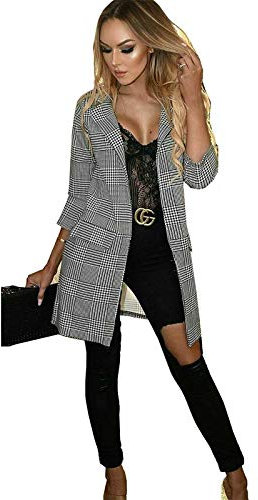 Top Fashion18 Ladies Womens Check Hounds Tooth Tartan 3/4 Sleeve Duster Coat Jacket Blazer Size 8-24
