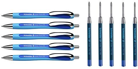 Schneider Slider Rave XB Kugelschreiber (Strichstärke: XB, dokumentenechte Mine, Made in Germany) 5 Stück, Schreibfarbe: blau (blau, 5 Stück + 5 Minen extra)