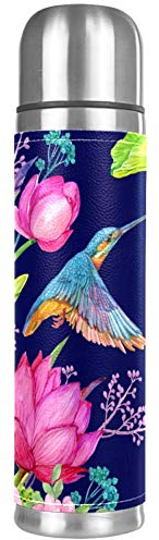 Wasserflasche mit Vögeln, Eisvogel und Lotusblumen, Wasserfarbe, Kolibri, auslaufsicher, Edelstahl, Vakuum-Becher, Thermoskanne für heiße und kalte Getränke, 500 ml, für Büro, Schule, Reisen