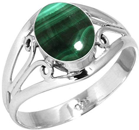 Jeweloporium Grüner Malachit Silberring Größe 69 (22,0), 925 Sterling Silber Ring für Damen, Natürlicher ovaler Stein Boho Schmuck