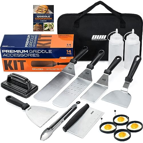OUII Flat Top Grillzubehör Set für Blackstone und Camp Chef Grillplatte - 14-teiliges Set mit Grill-Reinigungsset & Tragetasche! Metallspatel, Grillschaber, Eierringe für Teppanyaki & Gasgrill