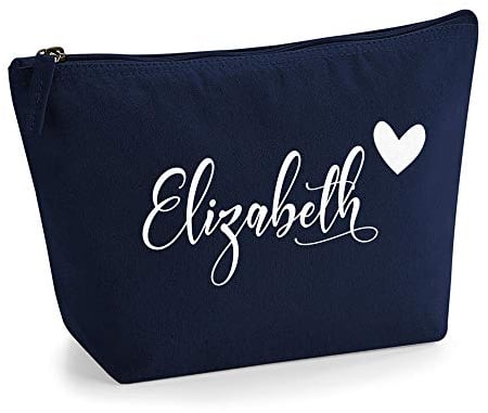 Personalisiert Name Initialen & Herz Kosmetiktasche Damen Schminktasche für Handtasche Makeup Tasche - Glitter oder Flocke Material Druck - Weiße Flocke - L | Marine Blau