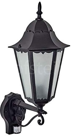 Außenwandleuchte Hongkong FROST m. Bewegungsmelder, Wandlampe aufwärts in antikem Look, Aluguß Schwarz m. Milchglas-Scheiben, Wandleuchte für Terrasse/Hof m. E27-Fassung, Vintage, ohne Leuchtmittel