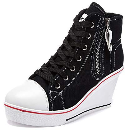 Mujer Cuñas Zapatos 35-43 EU De Lona High-Top Tacón 7 CM Zapatos Casuales Talla Grande Zapatillas de Cuña para Mujer Zapatillas de Deporte Zapatillas Altas Primavera/Verano Tacón Cuña Negro,EU42