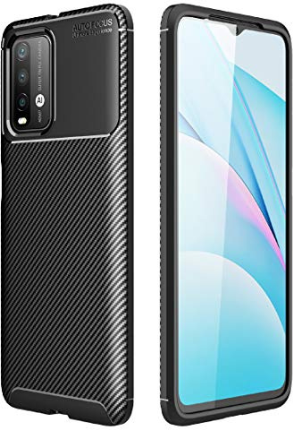 ZSCHAO For Xiaomi POCO M3 Case Carbon Fiber Silicone Slim Fit Thin +Tempered Glass Screen Protector Shockproof Compatible with Xiaomi POCO M3 tough light Case Cover Shell Skin Bumper Black