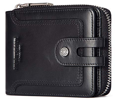 HUMERPAUL Mens Wallet Genuine Leather RFID Blocking Zipper Bifold Wallets with ID Window Card Case Hasp Zip Coin Pocket (Black)