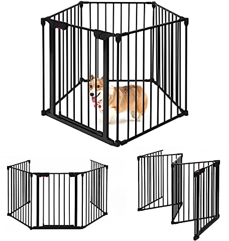 RELAX4LIFE Kaminschutzgitter Faltbar, 290 x 75 cm, BBQ Schutzgitter, Laufgitter Eisen, Laufstall inkl. 5 Panel, Gesundheitschutz für Kinder & Haustier, Absperrgitter Hundegitter zu Hause (Schwarz)