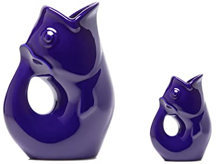 Gurgle Pot Fish Pitcher & Creamer - Set of 2, Cobalt Blue, Large Pitcher 42 oz with Baby 3 oz Gurgle Pot.