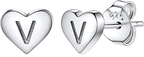 Silvora S925 Silber Buchstaben V Ohrstecker Personalisierte Name Herz Ohrringe Initiale Silberfarbe Damen Ohrring Name Basic Ohrring für Damen Frauen Mädchen