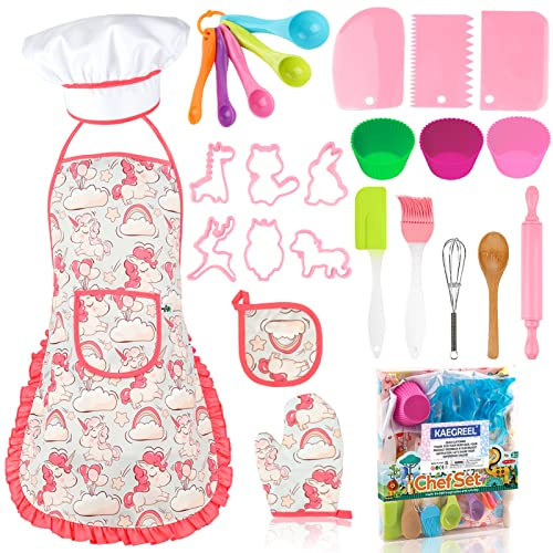 KAEGREEL Cucina Giocattolo per Bambini, 26Pz Set Utensili Cucina da Forno con Grembiule Unicorno/Cappello Chef/Cucchiai/Frullino, Regali di Ruolo da Chef per Ragazzi Ragazze 3+ Anni (Rosa)