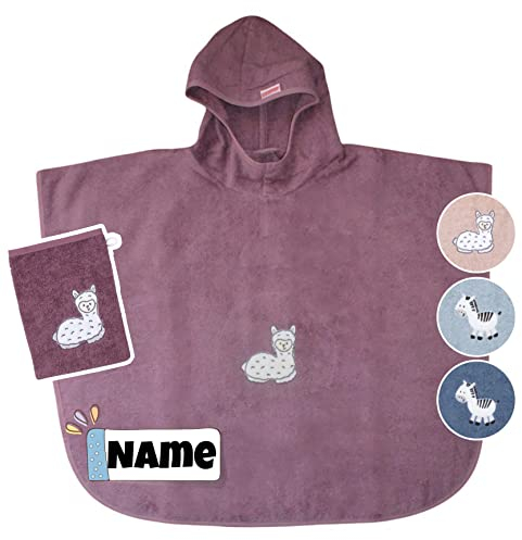 Kinder Poncho + Waschlappen mit Name Bestickt mit Name | Badeponcho | personalisiert | Kapuzenbadetuch Bademantel Kinder | Kapuzenhandtuch | Badetuch mit Kapuze | bis 7 Jahre (lila Lama)