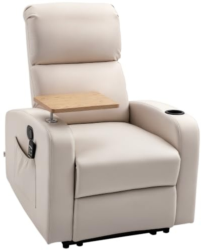 HOMCOM Sillón de Masaje 8 Puntos de Masaje 77x93x105 cm Beige | Sillón Relax Eléctrico, Sofá Relax, 4 Modos Reclinación 145°, Mando a Distancia, Mesita, 2 Bolsillos Laterales, Posavasos