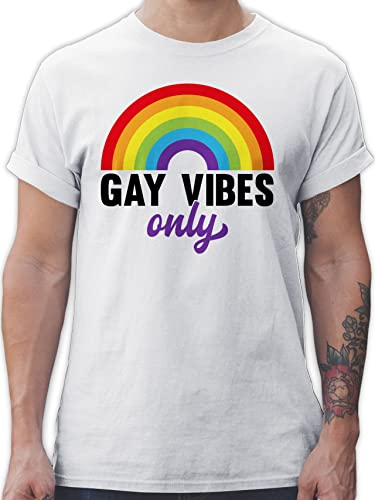 T-Shirt Herren - LGBTQ Kleidung Pride Flag - Gay Vibes Only - Regenbogen - M - Weiß - LGBT Flagge Shirt CSD t Lesbian lqbtq lgbtqia Queer