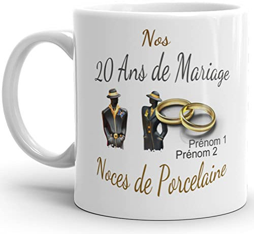 Mug anniversaire mariage 20 ans noces de Porcelaine personnalisable 2 prénoms tasse personnalisée Idée Cadeau Originale Famille couple mari femme noel fete époux épouse