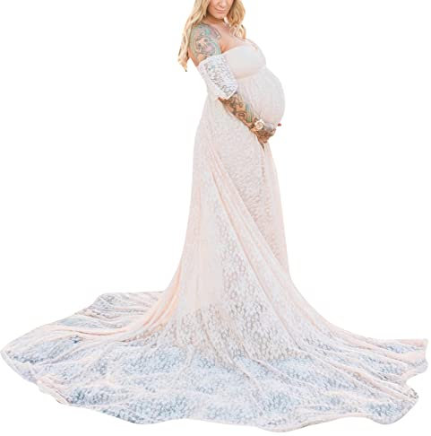 MANYMANY Robes de maternité pour séance Photo Femmes Enceintes Dentelle Robe Bustier Hors épaule Volants Manches Robe de mariée