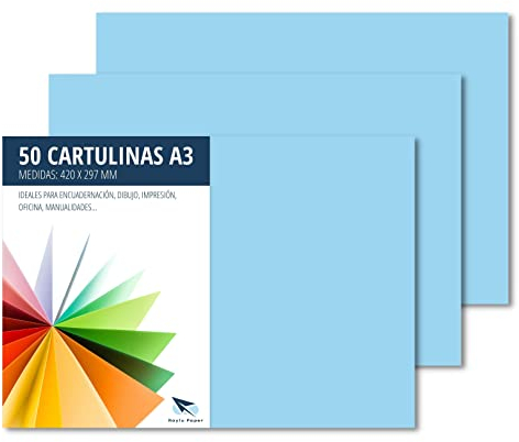 RAYLU PAPER – Tonpapier A3, 50 Stück Kartonpapier 180g/m², 297 x 420 mm, professionelle farbige Kartons für Büro, Kopierpapier, Buntes Papier zum Basteln (Himmelblau)