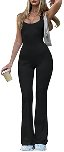 Onsoyours Damen Sport Jumpsuit Lang Eng Yoga Ärmellos Bodysuit Overall Stretch Rückenfrei Bodycon Strampler Sportanzug Einteiler Hosenanzug Trainingsanzug A Schwarz S