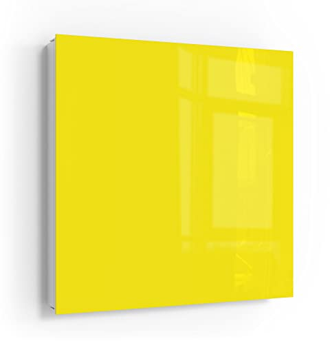 DEQORI Schlüsselkasten weiß | 30x30 cm | Unifarben - Gelb | Glas & Metall Schlüssel-Box | Schlüsselschrank mit 50 Haken + 2 Magnete | Moderne Design Box magnetisch & beschreibbar