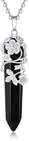 XIANNVXI Naturlichen Schwarzen Achat Kristall Punkt Anhnger Halskette ReikiHeilung Kristalle Steln Halsketten Edelstein Quarz Blume gewickelt Schmuck fur Frauen