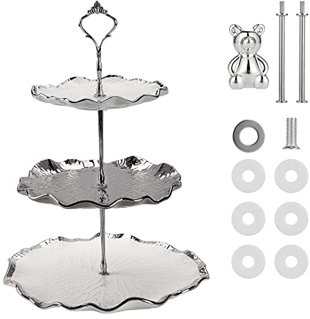 E-ROOM TREND 3 Etagen Keramik-Kuchenständer Dessert-Cupcake-Ständer Silbernes und weißes Tablett kreative Kunstgrenze mit Zwei Sätze von Griffen für Hochzeit Afternoon Tea Geburtstagsparty(CDP1SR)
