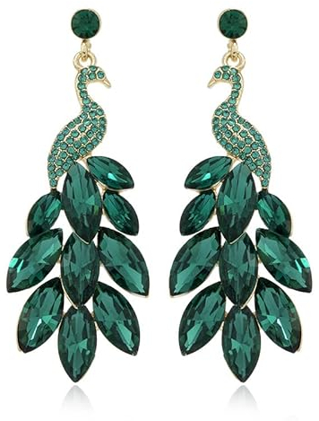 BSLVWG Vintage Pfau Dangle Ohrringe für Frauen Mädchen Boho 14K Gold überzogene grüne Kristallfeder Pfau Aussage Drop Dangling Stud Ohrring Übertrieben Geburtstag Urlaub Schmuck Geschenke (grün)