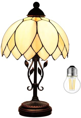 Kinbolas Tischlampe im Tiffany Stil,Vintage Nachttischlampe Schlafzimmer Deko Lampe,Jugendstil Tischleuchte,Beige buntglas lampenschirm 25cm / 10 Zoll,Harz-Basis mit Kabel und E27 LED Birne(A)