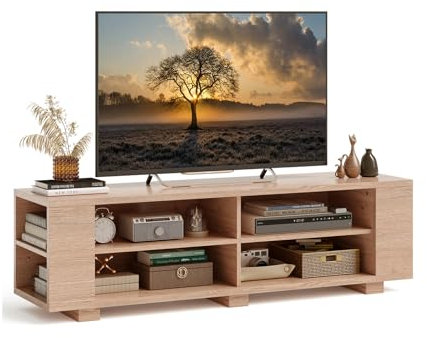 COSTWAY Mobile Porta TV per TV Fino a 65 Pollici, Mobile TV a 3 Livelli con 4 Scomparti Aperti, 4 Vani Laterali, Fori per Cavi, Stile Moderno, 150 x 39 x 45 cm (Naturale)