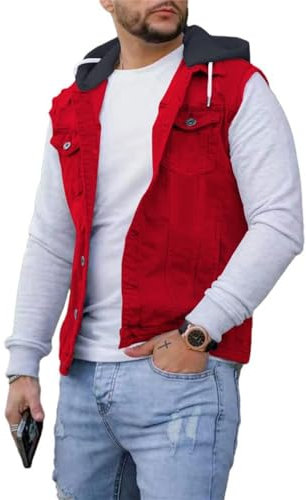 Basic Weste Herren Ärmellos Mit Kapuze Slim Fit Taschen Weste Herren Casual Trend Einfarbig Weste Herren Urban Modern Jugend Mode Arbeits Weste Herren D-Red L