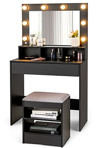 RELAX4LIFE Dressing Table with Hollywood LED Lights Mirror, Vanity Table Set with Drawer and Open Shelves, Cushioned Stool, Modern Bedroom Makeup Desk Dresser Table for Women Girls