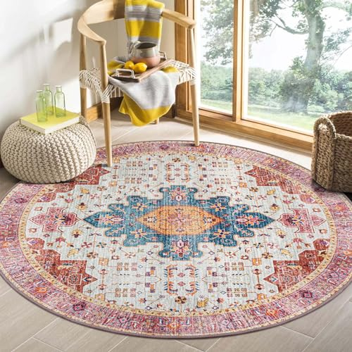 Moynesa Ultradünner, waschbarer runder Teppich, 122 cm, rosa, orientalischer Kreis, für Kinderzimmer, Schlafzimmer, Vintage, rutschfest, fusselfrei, Niederflor-Teppich für Wohnzimmer, Couchtisch,