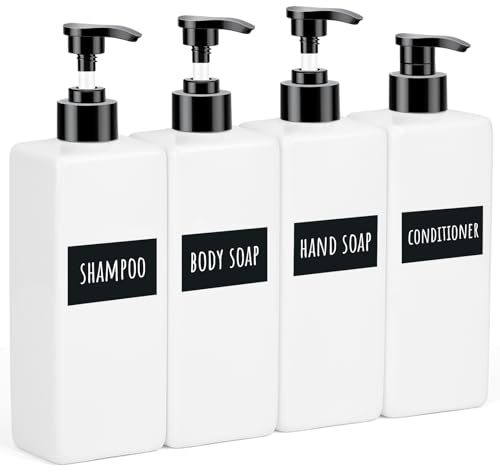 Segbeauty Seifenspender Weiß, 4 Stück 500ml Seifenspender Set, Seifenspender Kunststoff, Duschgel Spender, Pumpflasche Shampoo mit Wasserdichtes Etiketten, Duschgel Flasche zum Befüllen