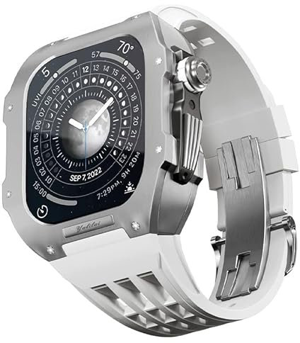 BRART Kit de modificación de reloj para Apple Watch 6 5 4 SE 44 mm caja de titanio+correa Viton, estuche de lujo y kit de modificación de banda (color: blanco 9, tamaño: 44 mm), 44MM, Agate