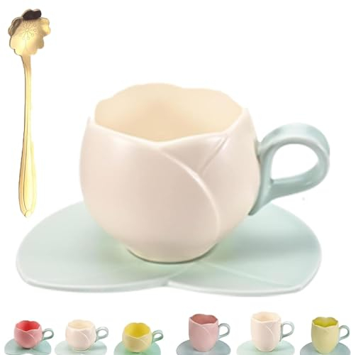 HeeDz Tazza tulipano con cucchiaio tulipano, tazza da caffè tulipano in ceramica, tazza da caffè a forma di tulipano, simpatica tazza rosa da donna con piattino (Color : Beige-a)