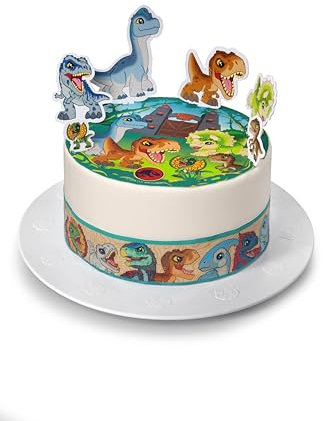 Kardasis Jurassic World Dessus de Gâteau et figurines en papier | Disque Azyme comestible pour gâteaux | Décoration de gâteau pour l'anniversaire | 20cm+ 4 bandes 28x4cm + 6 figurines