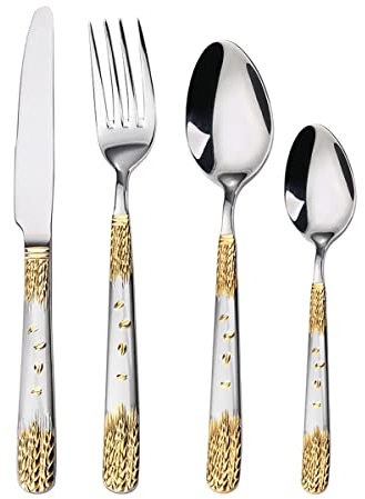 TVSKWMRQ Set di Posate Argento-Oro per 24 Persone: 120 Pezzi di Eleganti stoviglie Lavabili in lavastoviglie