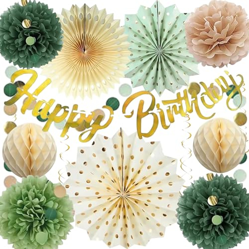 17 PCS Geburtstagsdeko Grün Gold, Premium Wiederverwendbare Party Deko, Party Deko Grün Gold Geburtstag, Seidenpapier Pompons Deko, Pompons Deko, Deko Geburtstag Salbeigrün, für Hochzeit, Geburtstag
