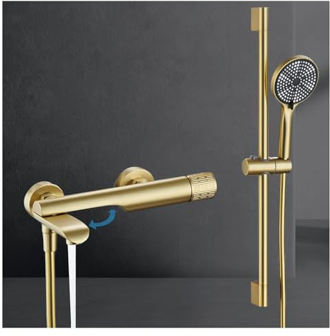 Badewannenarmatur mit Handbrause, Wandmontage Wasserhahn Badewanne Mischbatterie Messing Wannenarmatur inkl 3 Funktionen Handbrause, 180° Drehbaren Auslauf, 150cm Brauseschlauch (Gebürstetes Gold)