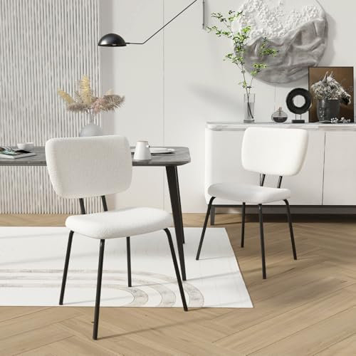 Chaise Salle a Manger Lot de 2 Chaise Coiffeuse en Fausse Fourrure, Chaises de Salon Scandinave avec Dossier Pieds en Métal Noir, Chaise Bouclette Chaise Blanche pour Chambre Cuisine Réception Bureau