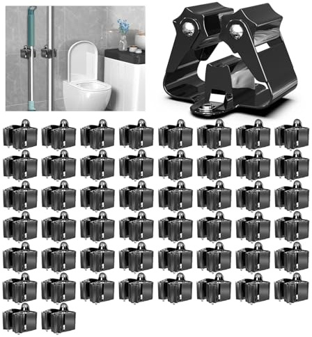 3-H Broom Holder Wall Mounted 50Pcs, Stainless Steel Mop Holder, Broom Storage Heavy Duty Tool Hook Brush Storage Organiser with Non-slip Silicone Gear for Garage Garden Shed Bathroom Kitchen (Black)